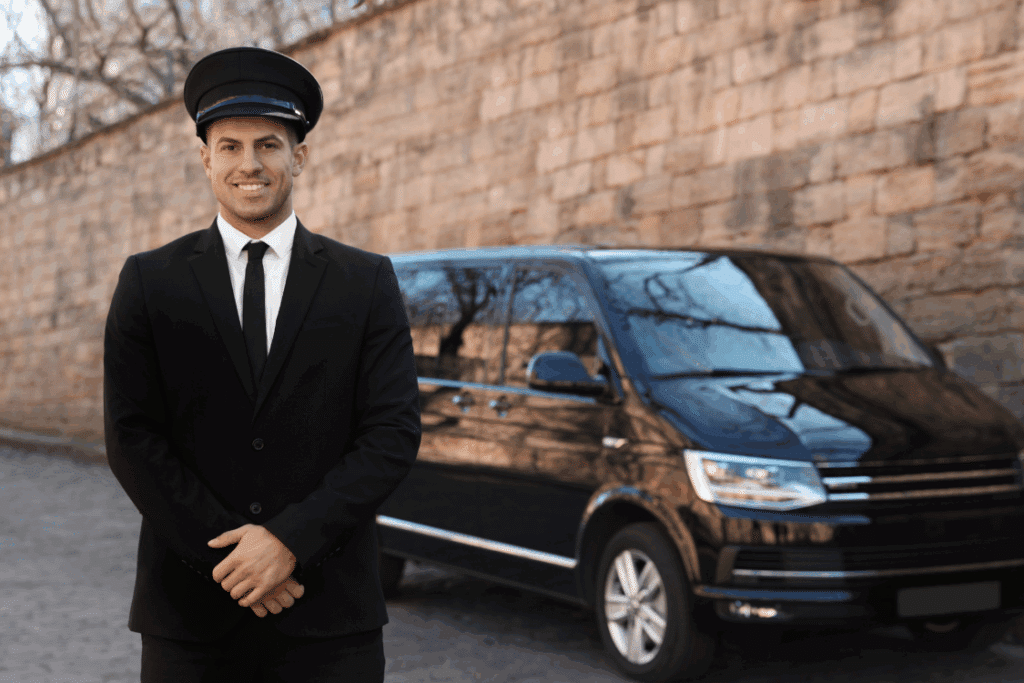 chauffeur standing by vehicle