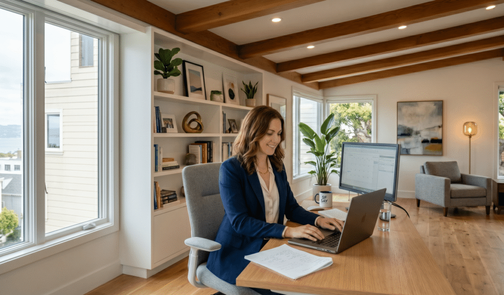 Woman sitting in a home office in San Francisco